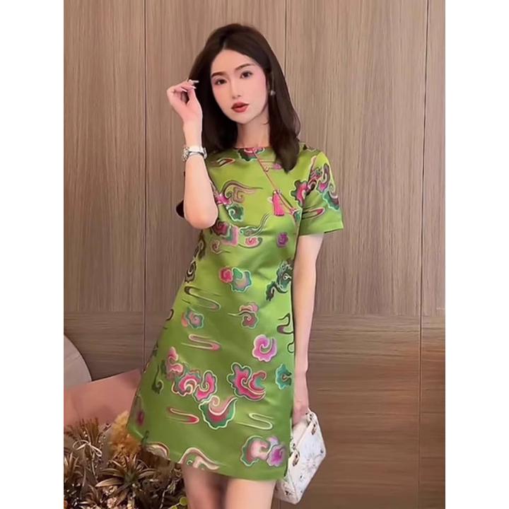 裙子女2025年新款夏季新中式女装绿色国风祥云图案提花短袖连衣裙
