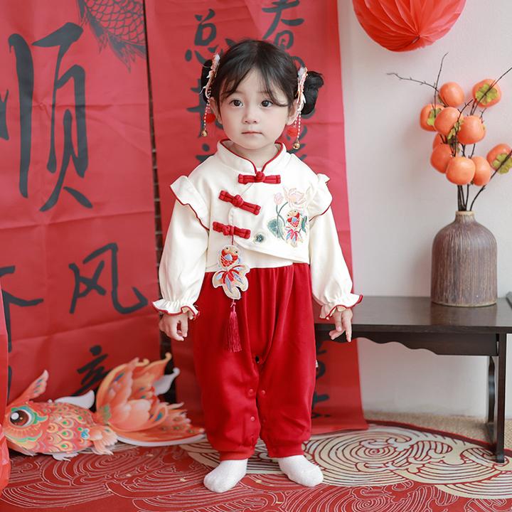 婴儿衣服冬季加绒宝宝衣服国风婴儿连体衣百天周岁礼服新生儿衣服