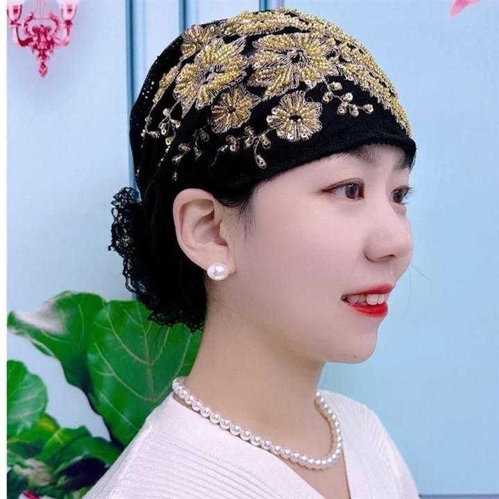 百搭凤尾花盘花帽妈妈时尚洋气头巾束发帽遮白发蕾丝包头帽女薄款