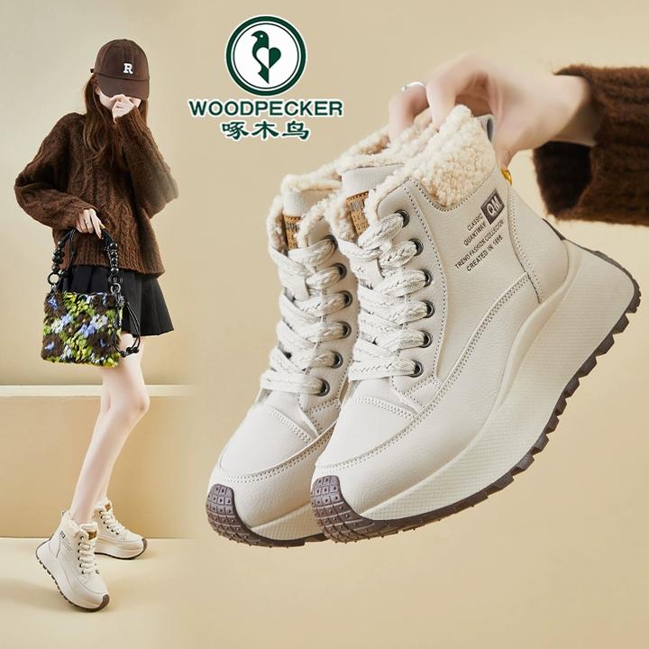 啄木鸟高帮女鞋冬加绒加厚棉鞋阿甘休闲运动鞋轻便厚底老爹鞋皮面