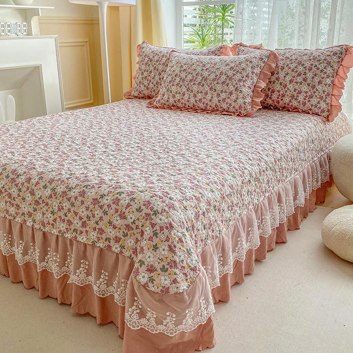 网红夹棉床盖水洗棉麻韩版韩式公主风绗缝床单炕盖床盖四季通用