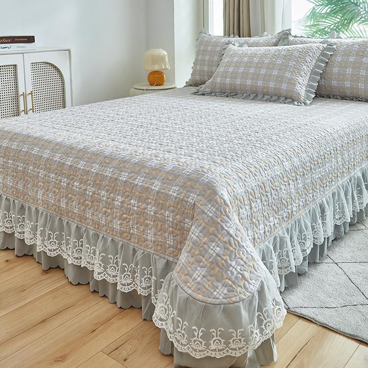 奢华夹棉加厚床盖单件床裙三件套床罩绗缝花边床单床盖四季通用