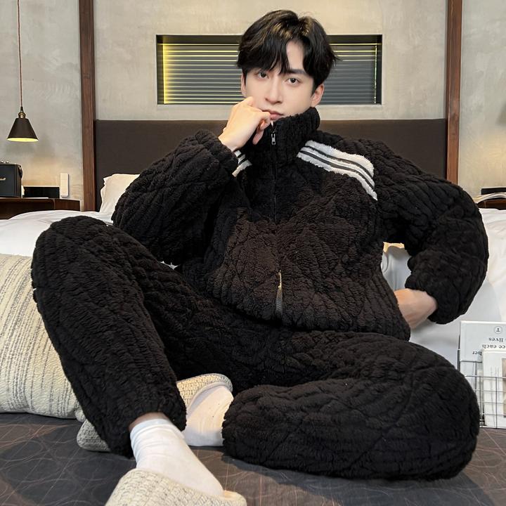 秋冬季睡衣男士加厚加绒珊瑚绒冬款三层夹棉青少年男生家居服套装