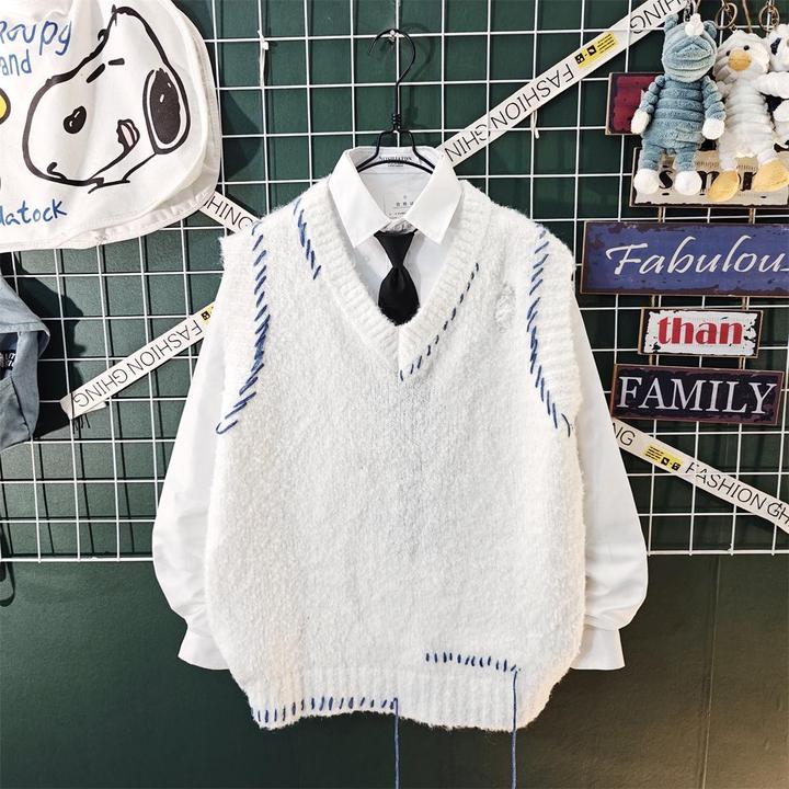 日系学院风V领毛衣背心男女潮内搭针织马甲叠穿衬衫两件套秋冬季