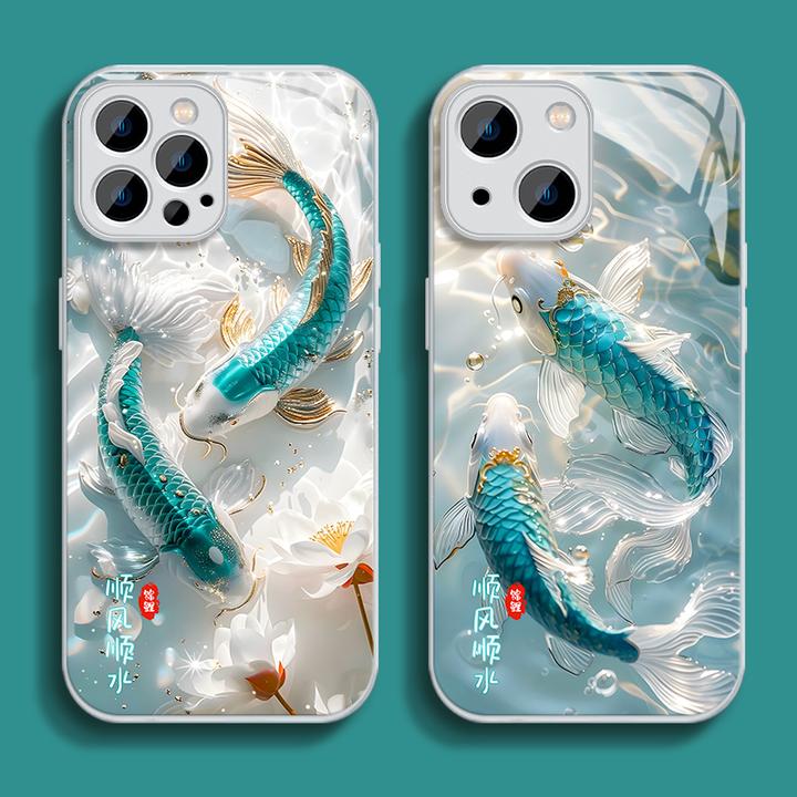 好运锦鲤玻璃壳苹果华为vivo女款oppo小米iphone15promax新手机壳