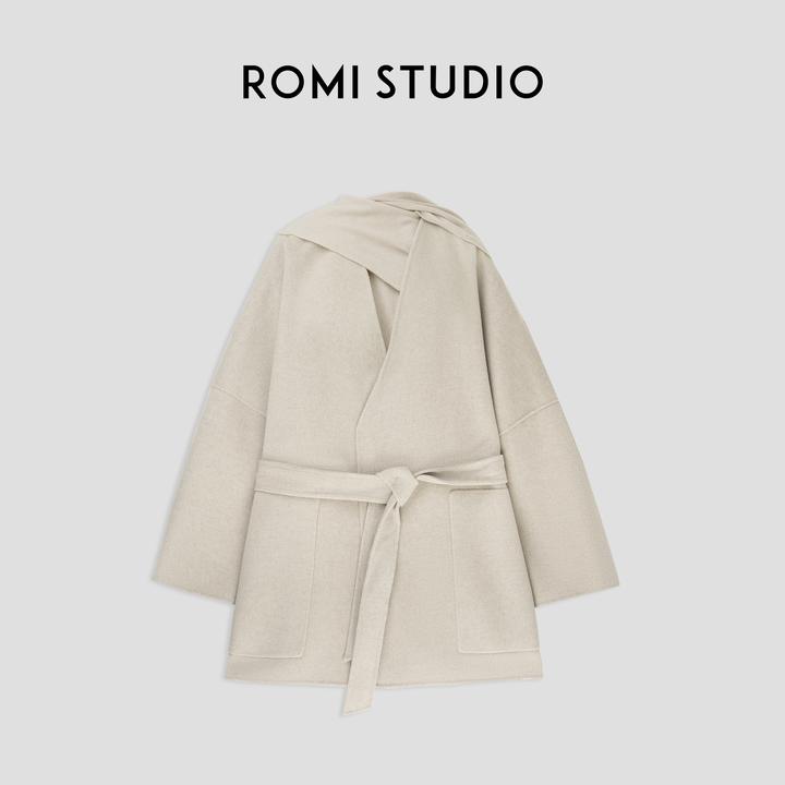 ROMI STUDIO“贵妇系列”腔调穿搭山羊绒绵羊毛 带围巾大衣23AWW408