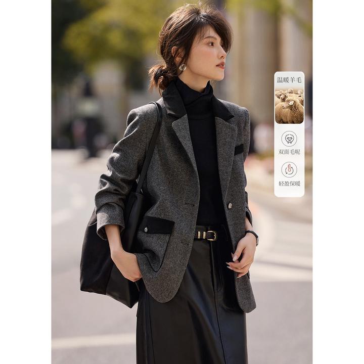 XWI/欣未气质拼色羊毛西装毛呢外套2024秋冬气质优雅网红爆款西服