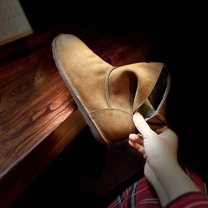 【烁掌柜】复古文艺手工真皮小众女鞋头层牛皮软底软面平底绒里棉靴