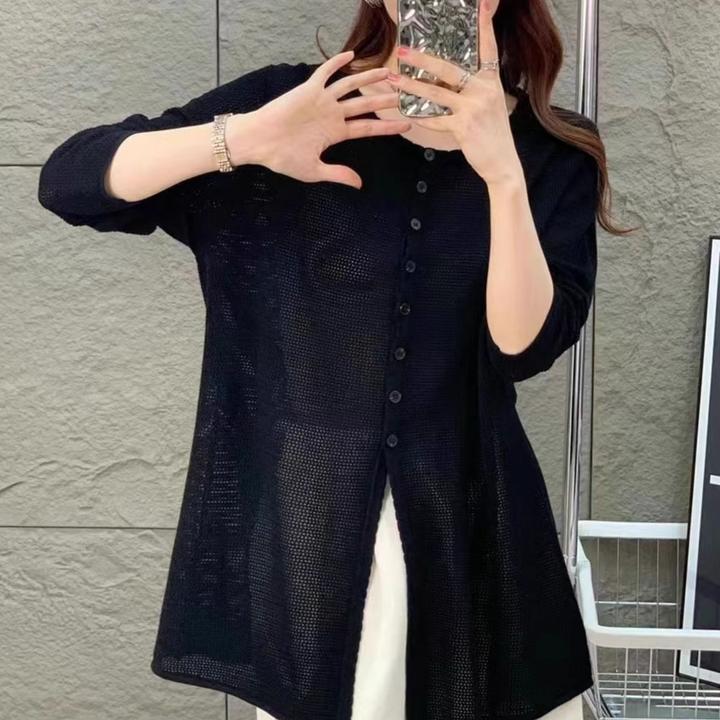 春秋新款针织衫女开衫薄款镂空宽松慵懒风圆领百搭显瘦长袖上衣女
