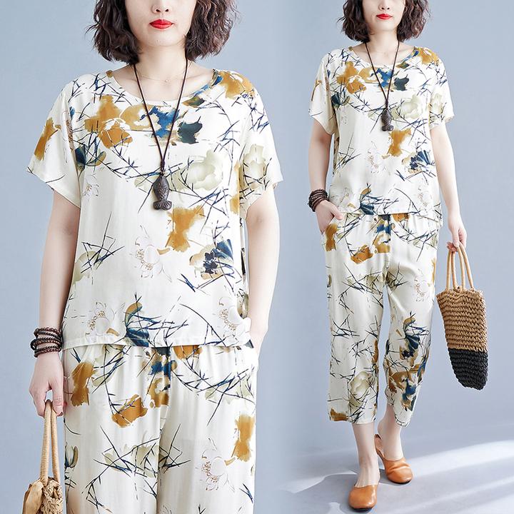 中国风棉绸睡衣女夏款短袖七分裤夏季薄款人造棉中老年家居服套装