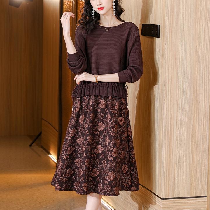 2081# 秋冬新款洋气针织拼接连衣裙女气质中长款裙子显瘦时尚复古