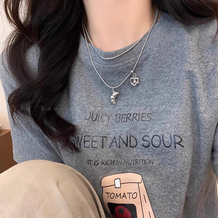 钛钢项链  爱心牛角包双层项链女冷淡风劲链甜酷不掉色毛衣链配饰