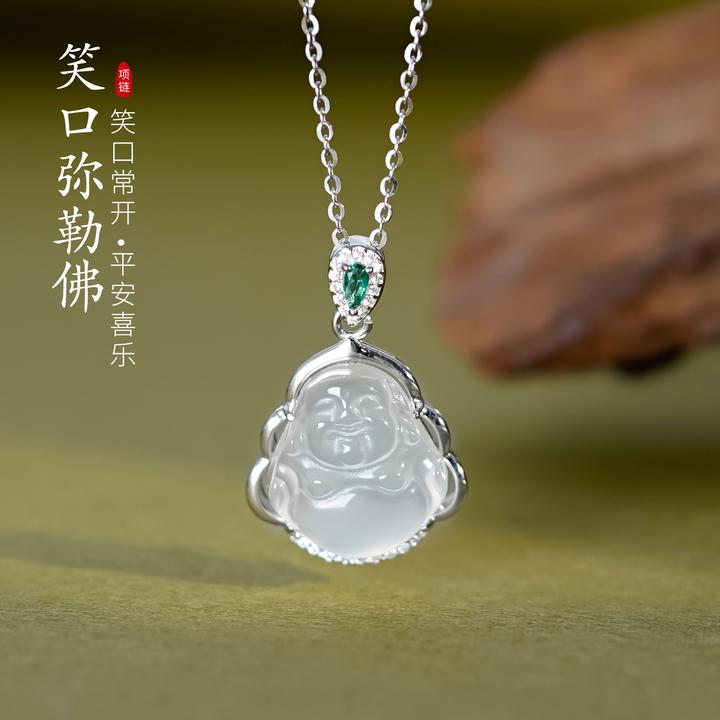 坠链均925银合成锆石 S925纯银轻奢小众弥勒佛项链女气质时尚国风