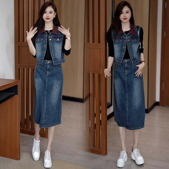 时尚牛仔套装女2024秋季新款洋气减龄马甲坎肩打底衫半身裙三件套