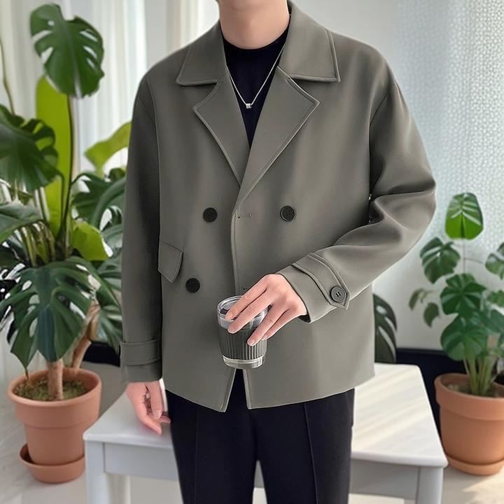 弗基马奇男士潮牌双排扣短款风衣外套韩版新款春秋季西装领大衣帅