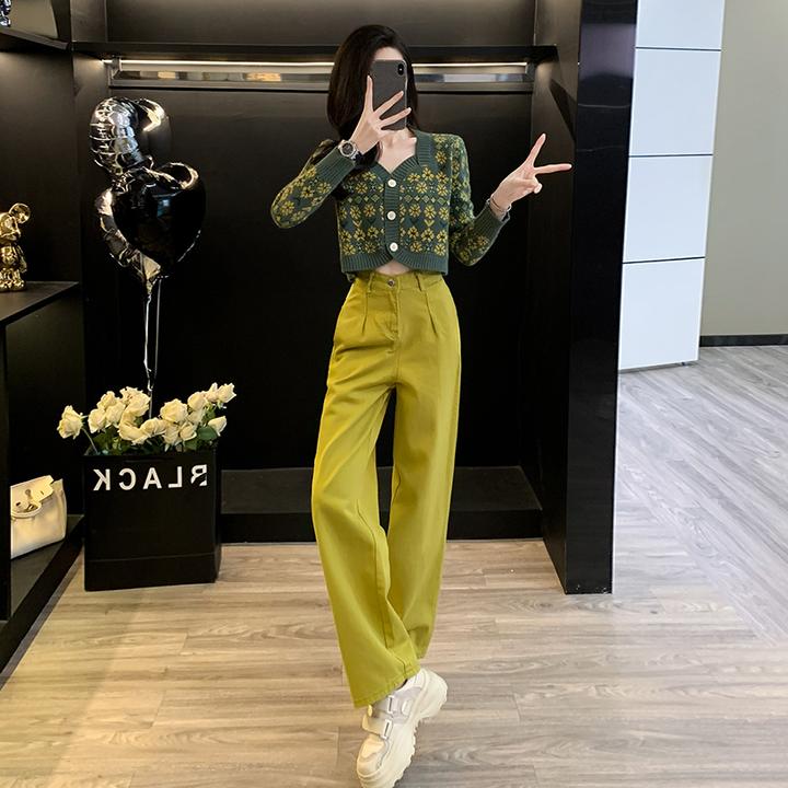 多巴胺网红休闲运动套装女秋冬炸街减龄洋气针织开衫牛仔裤两件套