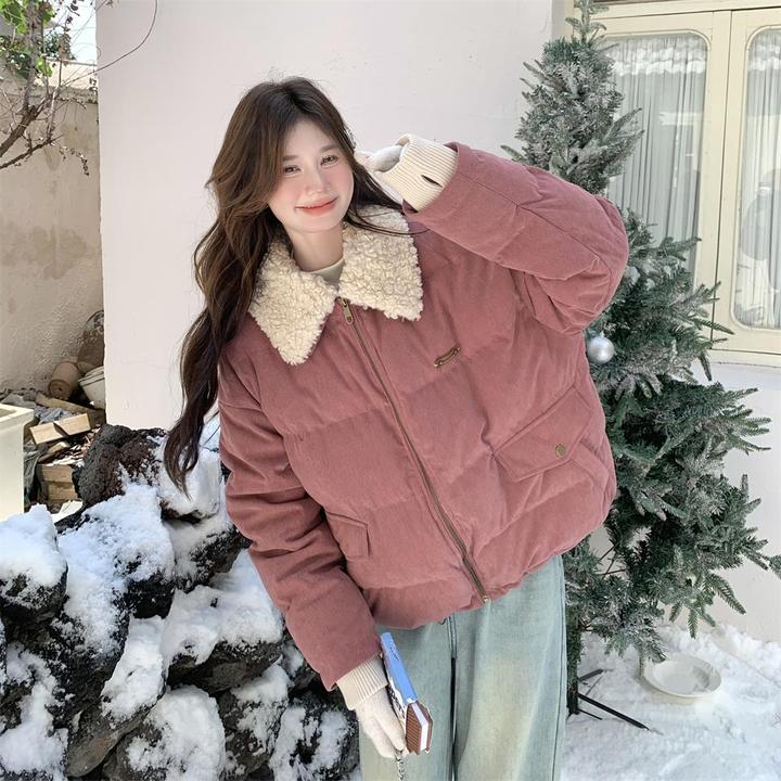 羊羔毛领粉色羽绒服女冬季2025新款甜美风少女感高级感短款流行