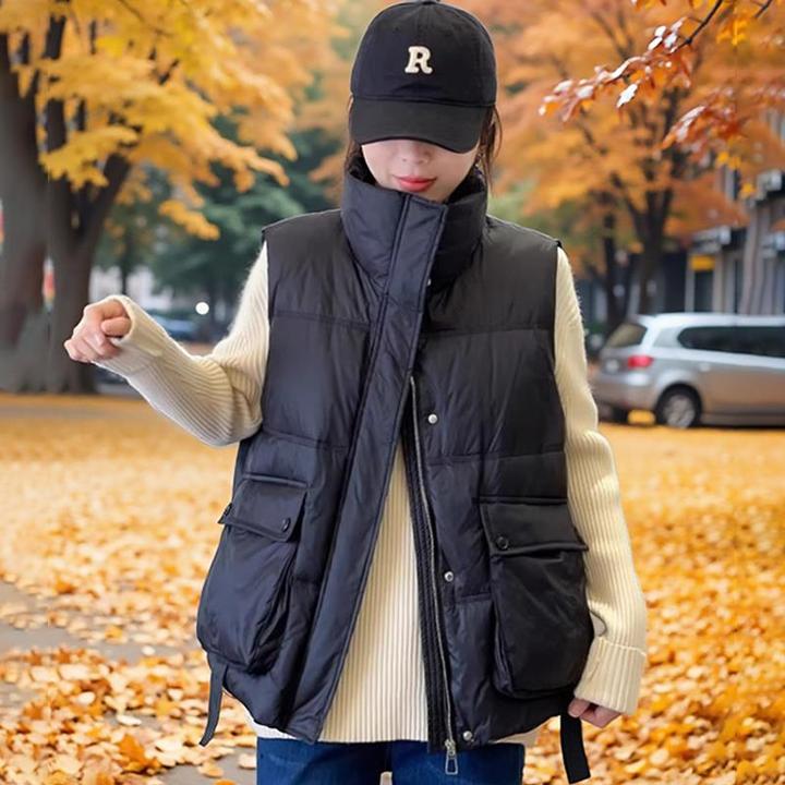 白鸭绒羽绒马甲女短款2025新款韩版大口袋宽松立领轻薄马夹外套潮