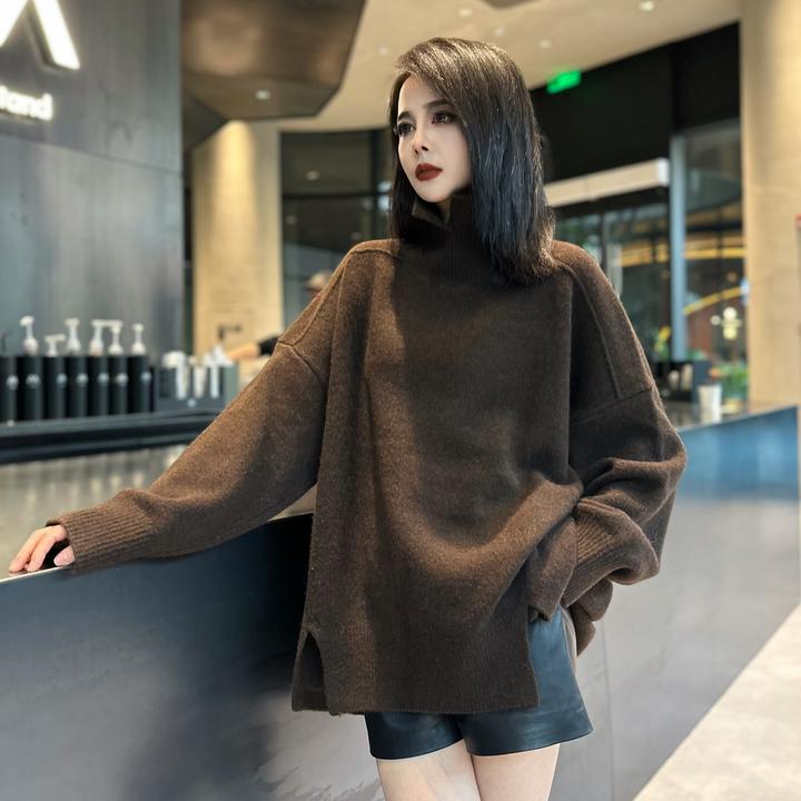 POPULARYW【焦糖冷萃】Z.R上品屋 纯色针织长袖套头开叉高领毛衣