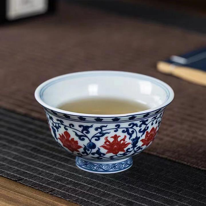 景德镇陶瓷茶具青花釉里红压手杯缠枝莲个人专用主人杯高端品茗杯
