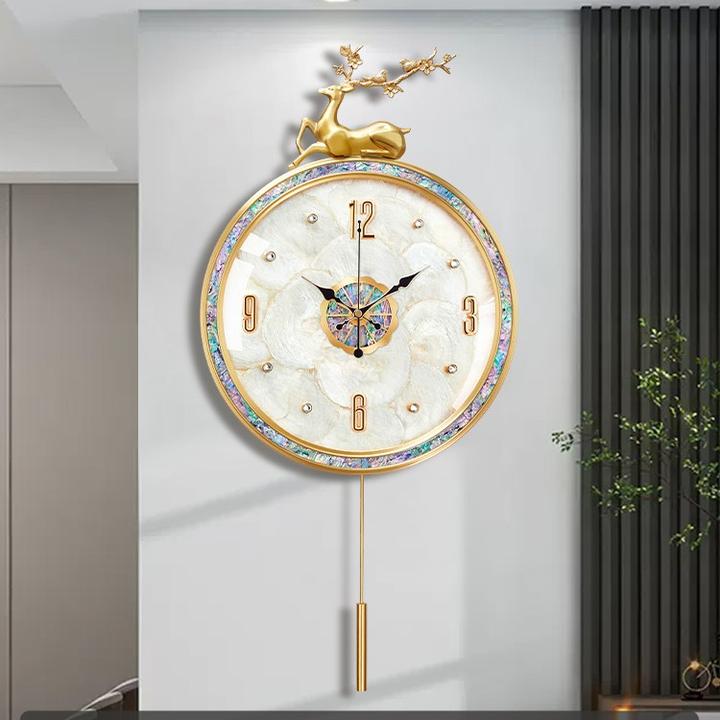 欧式现代轻奢黄铜贝壳挂钟客厅家用静音挂表创意时尚钟表挂墙时钟