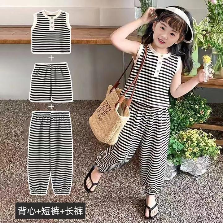 【现货清仓】女童夏季网红条纹套装洋气夏装儿童新款宝宝时髦洋气