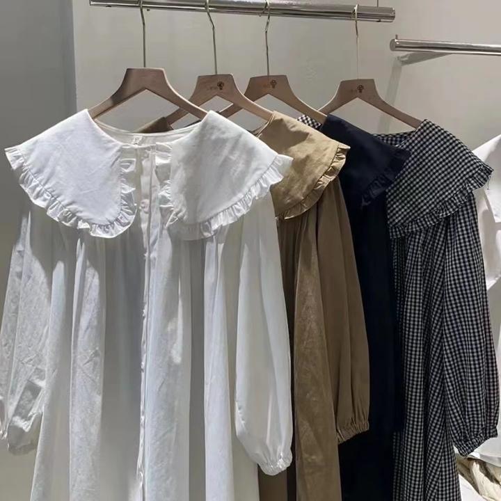 孕妇装胖衬衫女春秋娃娃领衬衫减龄长袖连衣裙大码女装灯笼袖外套