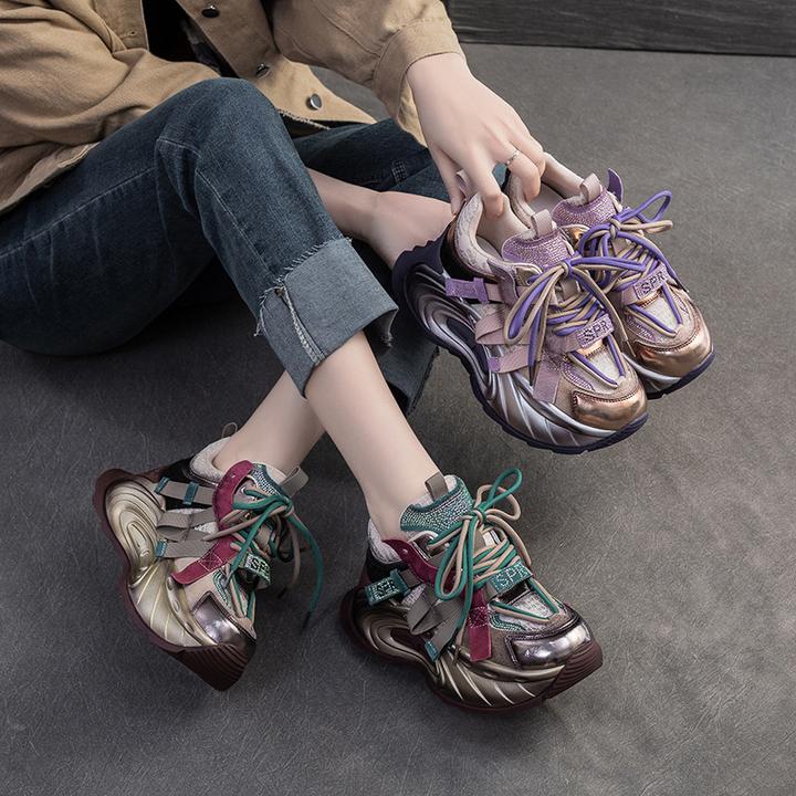 2024夏季新款彩色松糕跟透气网面老爹鞋增高水钻时尚休闲厚底女鞋