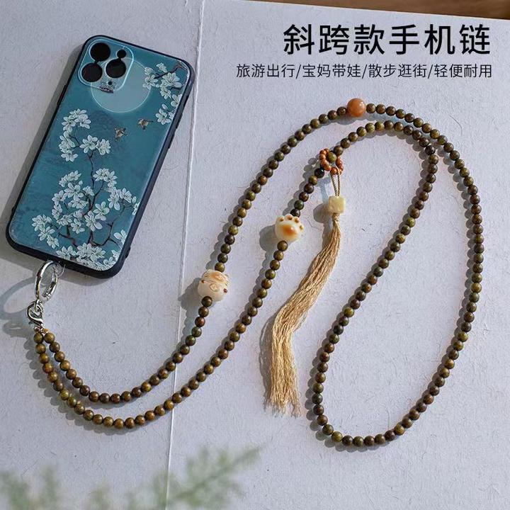 手机挂绳2025新款天然绿檀木菩提可爱猫咪猫爪斜挎可背中国风长款