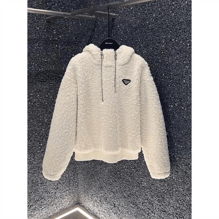 双拉链连帽卫衣女加绒加厚秋冬新款时尚百搭宽松羊羔绒套头上衣