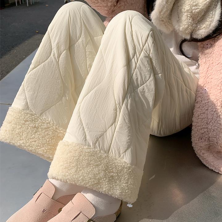 摇粒绒粉色棉裤毛绒拼接加绒保暖直筒长裤女秋冬高腰宽松