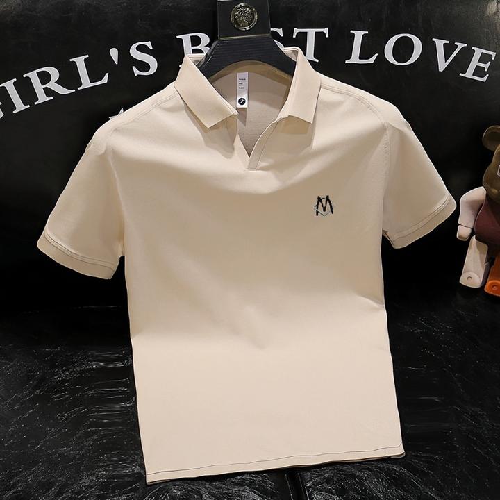 欧货夏季新款高端刺绣字母修身V领POLO衫时尚百搭休闲短袖半袖男