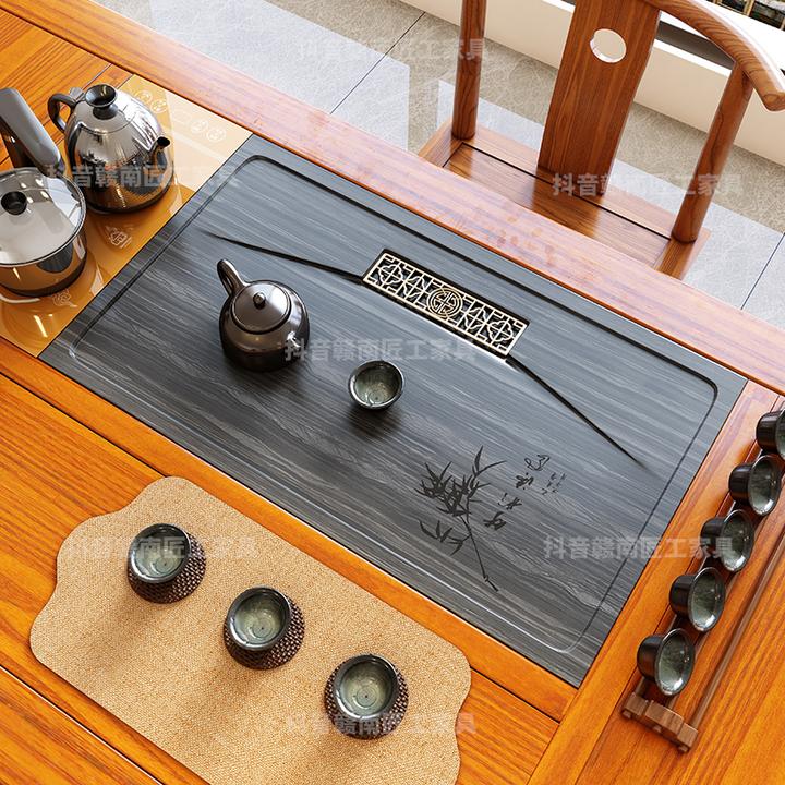 天然石茶盘嵌入式家用定制茶桌中间面板茶台漏水板托盘镶嵌式茶盘