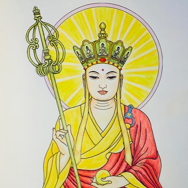 油性彩铅涂色画画彩铅上色地藏菩萨画像白描线稿临摹描金