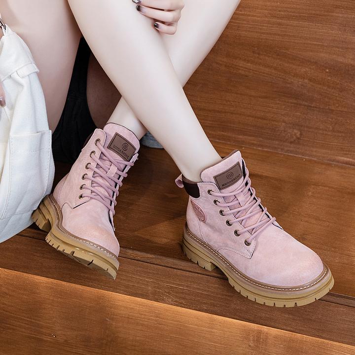 欧洲站复古机车粉色马丁靴女秋季内增高厚底工装加绒情侣款大黄靴