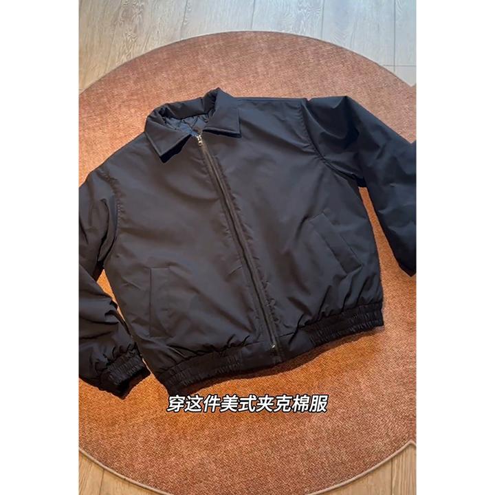 黑色短款廓形夹克棉服男冬季加厚保暖美式飞行员翻领外套三防棉服