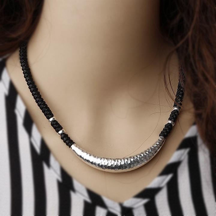 吊坠925银 s925纯银弯管项圈女手工编织凹面拉丝民族风月牙项链