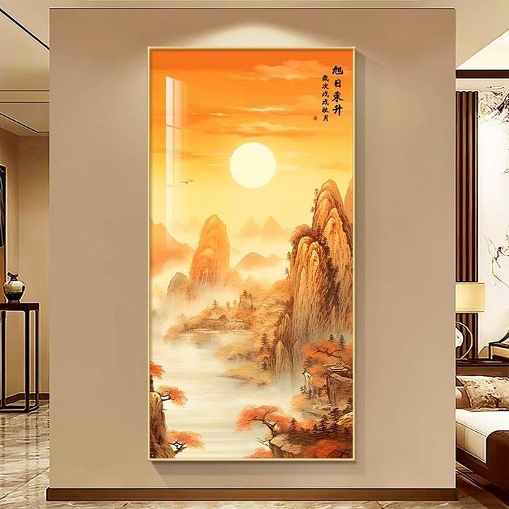 旭日东升背景墙玄关装饰画新中式山水风景挂画入户正对门大气壁画