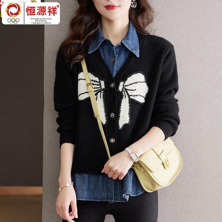 恒源祥彩羊秋冬Polo领牛仔拼接假两件蝴蝶结毛衣女羊毛开衫外套厚