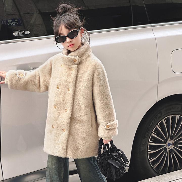 儿童加厚外套秋冬款2024新款大童中长款皮毛一体大衣冬季毛毛外套