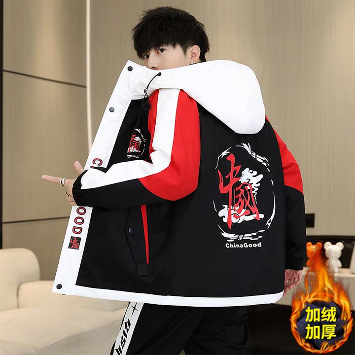 2023新款秋冬季加绒外套男初中高中学生帅气加厚棉服大童冬装夹克