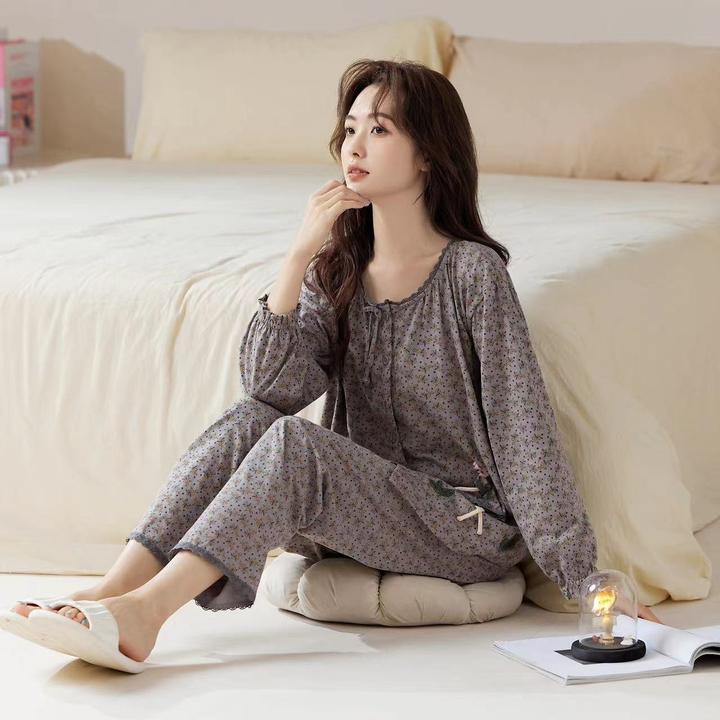 女士纯棉长袖睡衣女春秋圆领开衫田园碎花大码套装女款纯棉睡衣