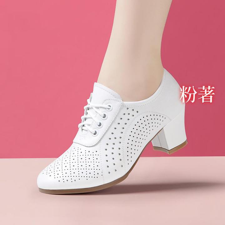 okkdey白色拉丁舞鞋女成人真皮中高跟软底水兵舞室外四季交谊广场