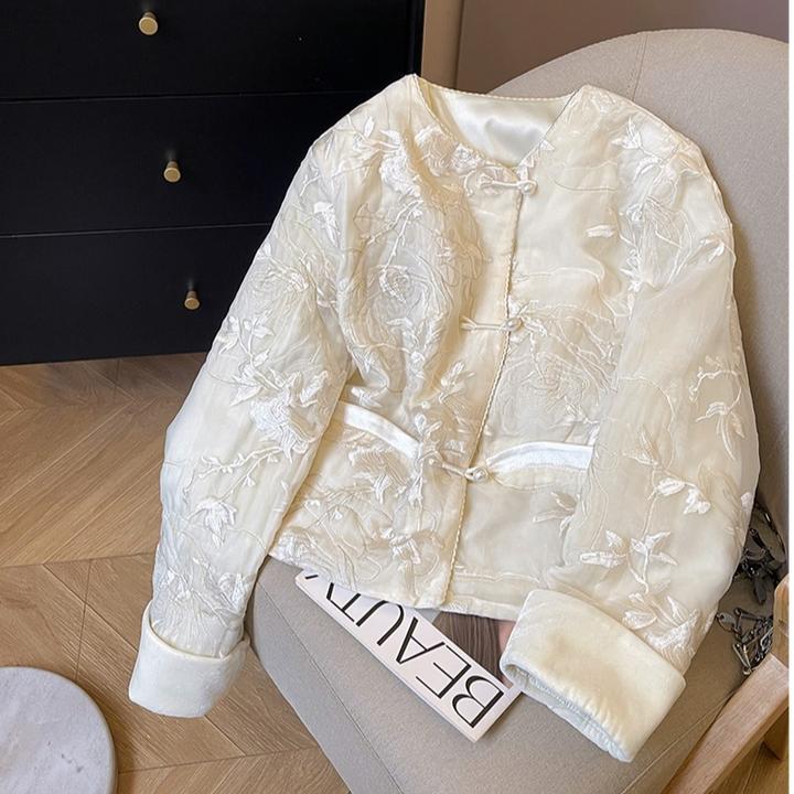 新中式国风刺绣盘扣薄棉服新年战衣复古圆领金线绣拼接米白色棉衣