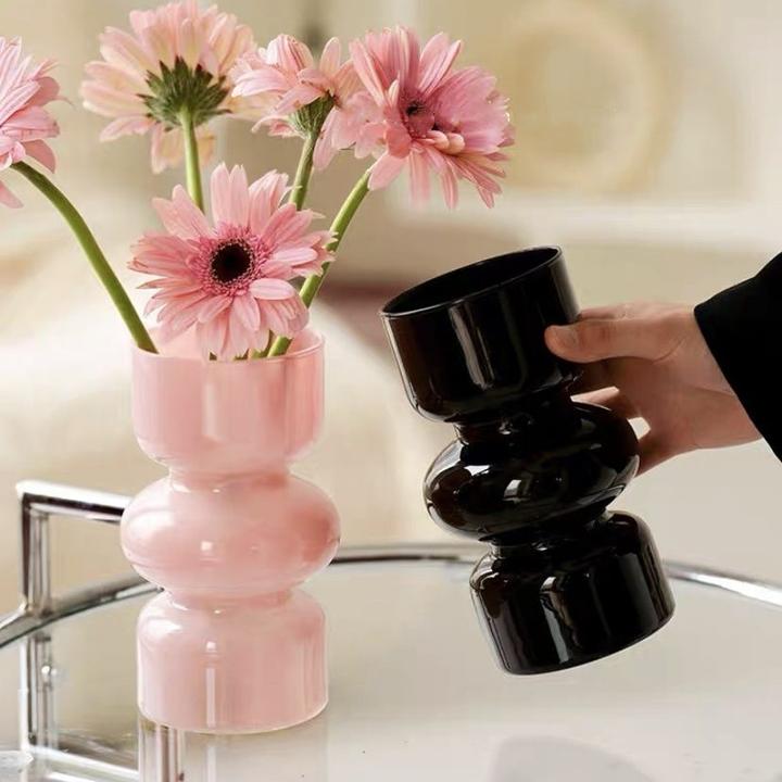 中古小众玻璃花瓶法式小摆件客厅黑色透明插花水培鲜花干花高级感