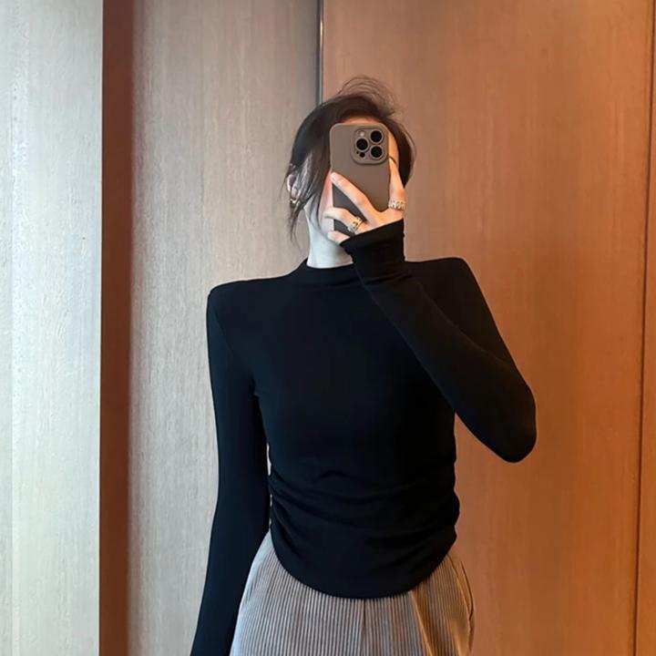 韩系德绒加厚韩版半高领U型下摆长袖T恤女2025春秋冬修身打底上衣
