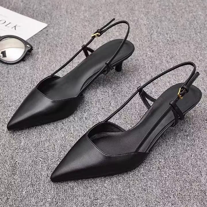 断码清仓羊皮凉鞋女细跟2025夏季新款3公分小跟法式尖头后空单鞋