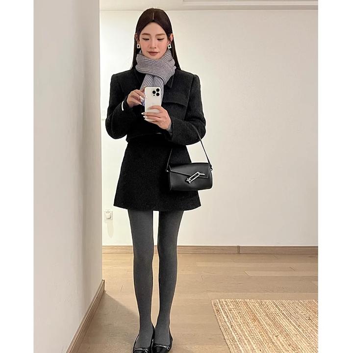 财阀千金风毛呢套装裙女2024秋冬名媛穿搭短款加厚呢子外套两件套