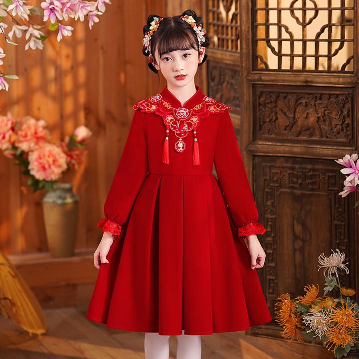 女童连衣裙秋冬2023新款秋冬童装加绒公主新年裙子儿童红色礼服裙