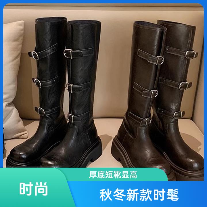 瘦瘦靴秋冬新款时尚皮带扣圆头厚底百搭短靴骑士靴显瘦黑色显高
